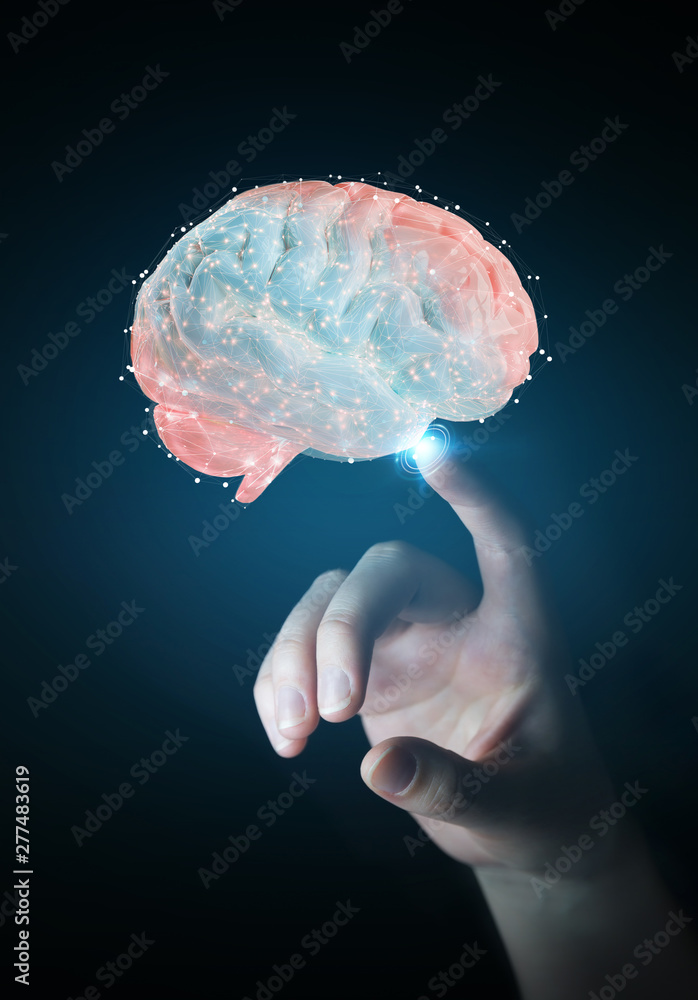 Poster businesswoman using digital 3d projection of a human brain 3d rendering