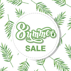 Summer sale. Hand drawn lettering with watercolor background. Background has green watercolor leaves
