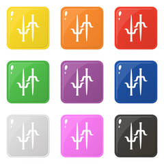 Sai weapon icons set 9 colors isolated on white. Collection of glossy square colorful buttons. Vector illustration for any design.