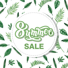 Obraz premium Summer sale. Hand drawn lettering with watercolor background. Background has green watercolor leaves