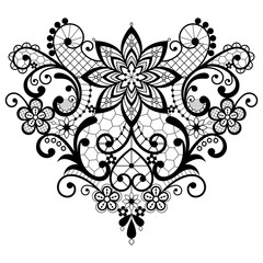 Heart lace black and white vector design - Valentine's Day, wedding celebration, love heart shape pattern with flowers and swirls