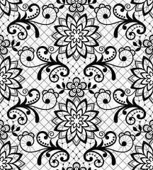 Seamless vector pattern - lace design with flowers and swirls, detailed ornament in black on white background