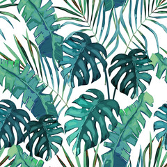 Botanical exotic seamless pattern, green tropical leaves, summer vector illustration on white background. Watercolor style