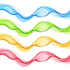 Set of Blue Green Red Yellow Abstract Isolated Transparent Wave Lines for White Background.
