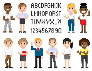 Man and woman pixel characters, full length and portrait view of smiling superhero, people waving, shooting and holding, pixel alphabet numbers and text decoration pixelated business or education game