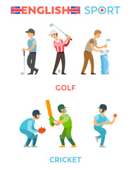 Fototapeta na wymiar People playing golf and cricket, men holding golf-club, ball and bat, portrait and full length view of male character, team of English sport vector