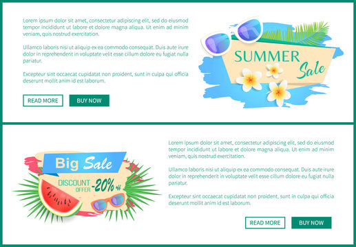 Big sale discount posters with text set. Proposition on reduction of cost, production offers from market. Watermelon and sunglasses accessory vector