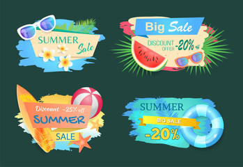 Summer big sale banners and text on stripes set vector. Good deal and bargain, proposition and best choice. Surfing board and ball, sunglasses flower