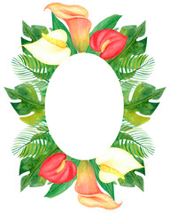 Watercolor frame with tropical leaves