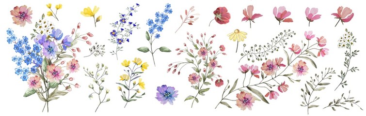 Fototapeta na wymiar Field flowers. Watercolor illustration. Botanical collection of wild and garden plants. Set: different wild flowers, pink, blue, yellow, leaves, bouquets,branches, herbs and other natural elements.
