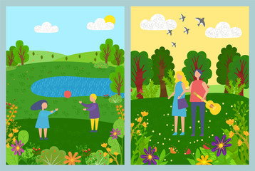 Man and woman on date in forest vector, couple in park relaxing on weekends, male holding guitar guitarist with instrument, children playing with ball