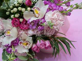 Wedding bouquet of orchids,matiolli, carnations, beautiful delicate flowers.