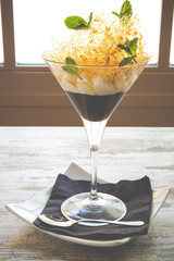 Chocolate Pudding with Vanilla Cream and orange jelly