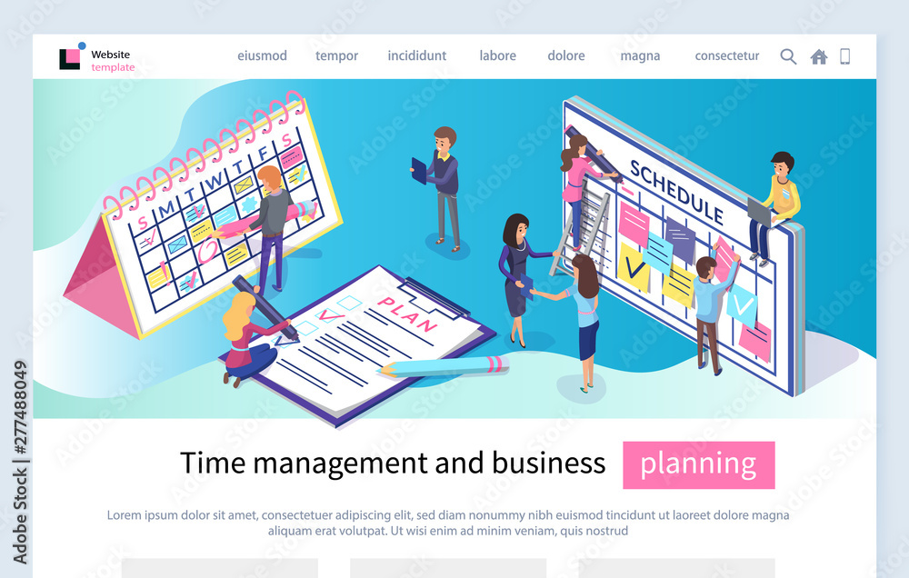 Poster time management and business planning vector, people with notes making up schedule to cope with task
