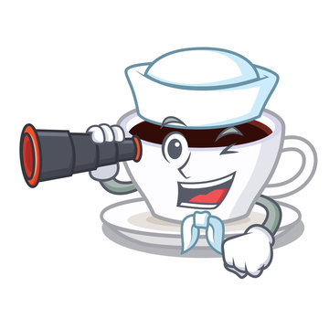 Sailor with binocular latte macchiato in the cartoos shape