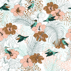 Hummingbird and tropical leaves and flowers © Miny