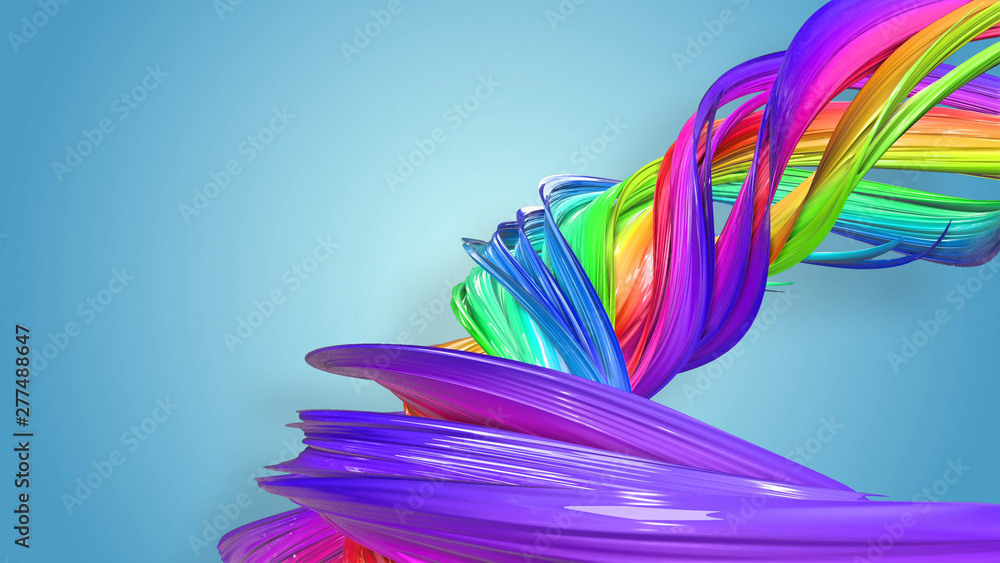 Poster beautiful multicolored ribbon glitters brightly. abstract rainbow color ribbon twisted into a circul