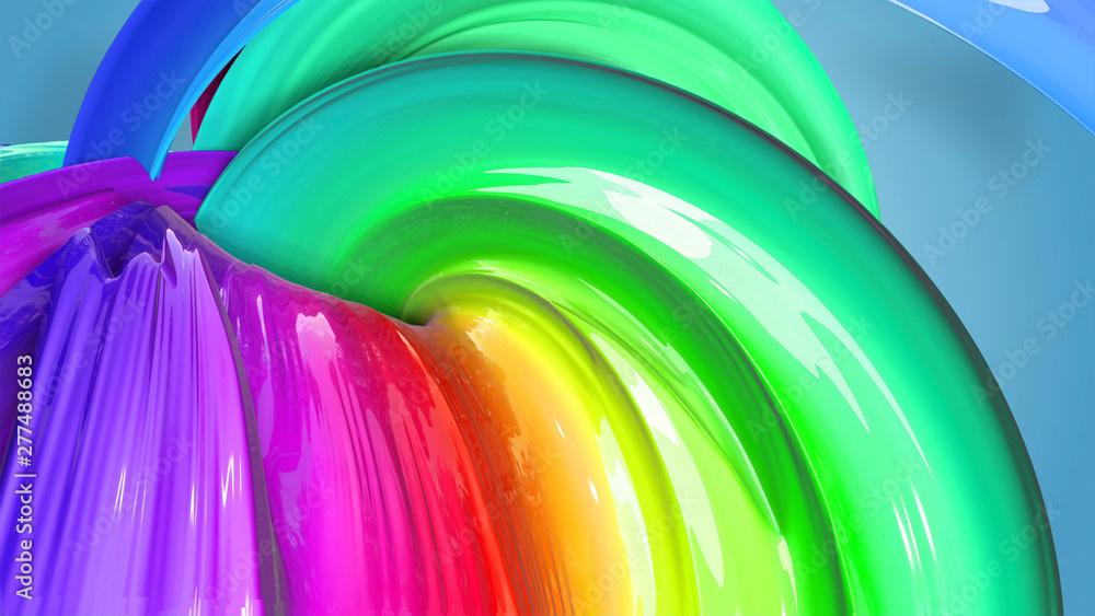 Poster beautiful multicolored ribbon glitters brightly. abstract rainbow color ribbon twisted into a circul