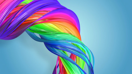 Beautiful multicolored ribbon glitters brightly. Abstract rainbow color ribbon twisted into a circular structure on a blue background. 9