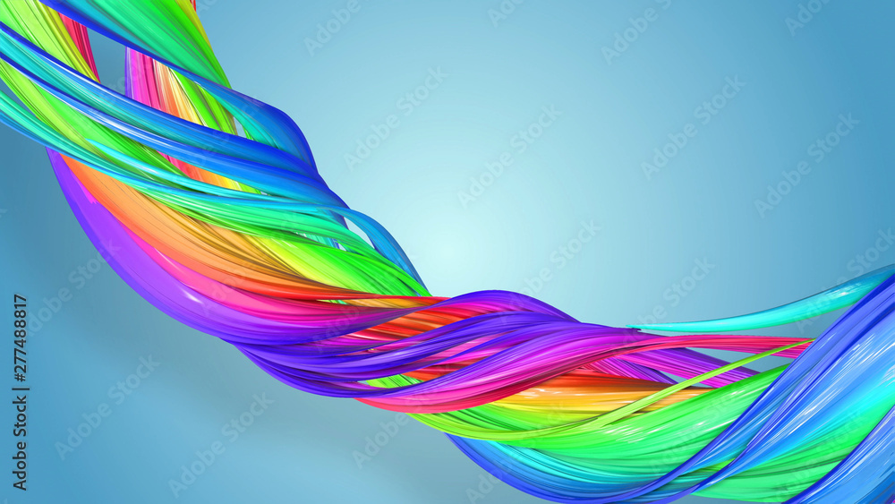 Poster beautiful multicolored ribbon glitters brightly. abstract rainbow color ribbon twisted into a circul