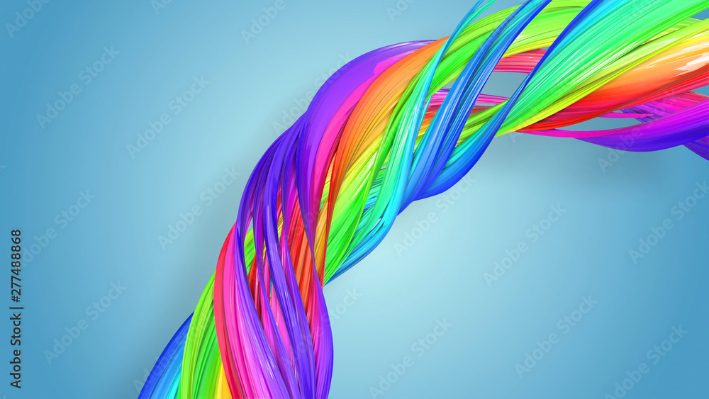 Poster beautiful multicolored ribbon glitters brightly. abstract rainbow color ribbon twisted into a circul