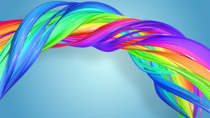 Beautiful multicolored ribbon glitters brightly. Abstract rainbow color ribbon twisted into a circular structure on a blue background. 21