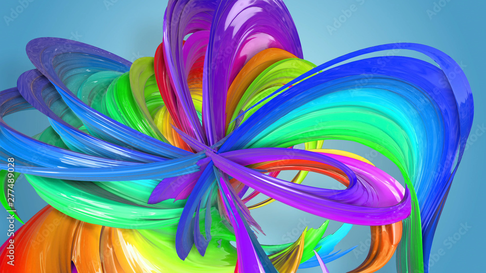 Poster beautiful multicolored ribbon glitters brightly. abstract rainbow color ribbon twisted into a circul