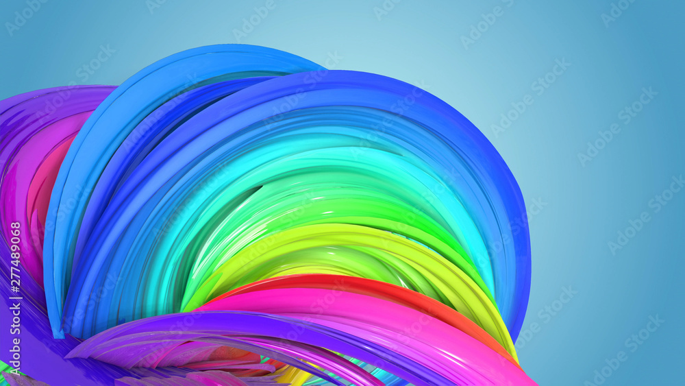 Poster beautiful multicolored ribbon glitters brightly. abstract rainbow color ribbon twisted into a circul
