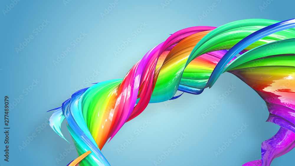 Poster beautiful multicolored ribbon glitters brightly. abstract rainbow color ribbon twisted into a circul