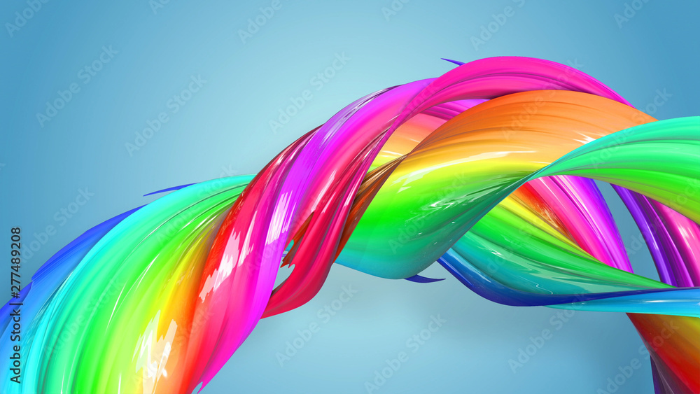 Poster beautiful multicolored ribbon glitters brightly. abstract rainbow color ribbon twisted into a circul