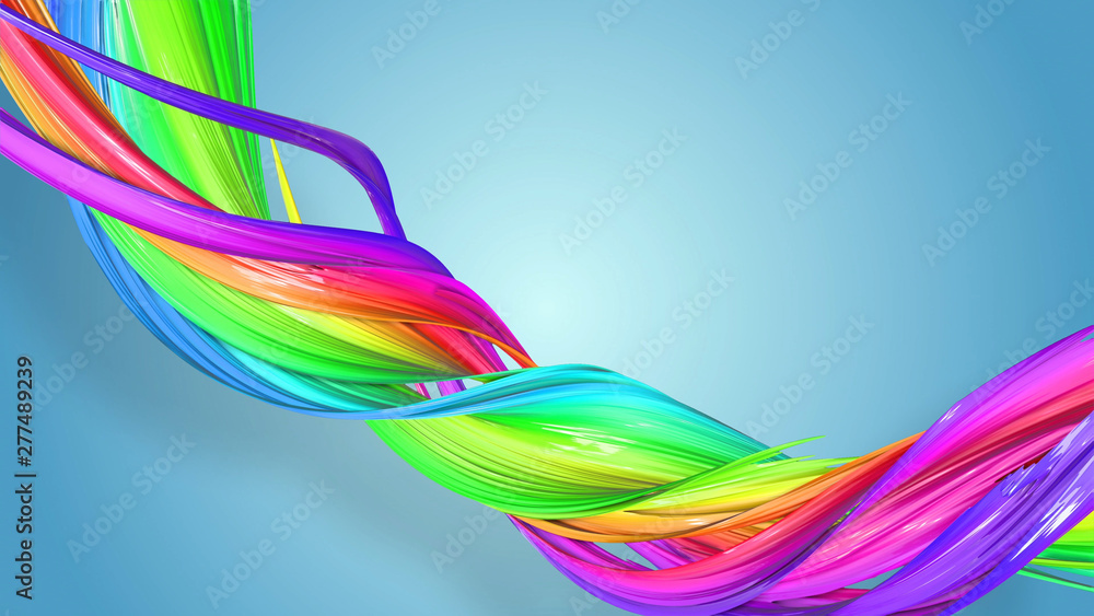 Poster beautiful multicolored ribbon glitters brightly. abstract rainbow color ribbon twisted into a circul
