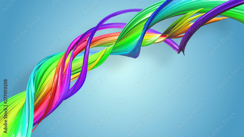 Poster beautiful multicolored ribbon glitters brightly. abstract rainbow color ribbon twisted into a circul