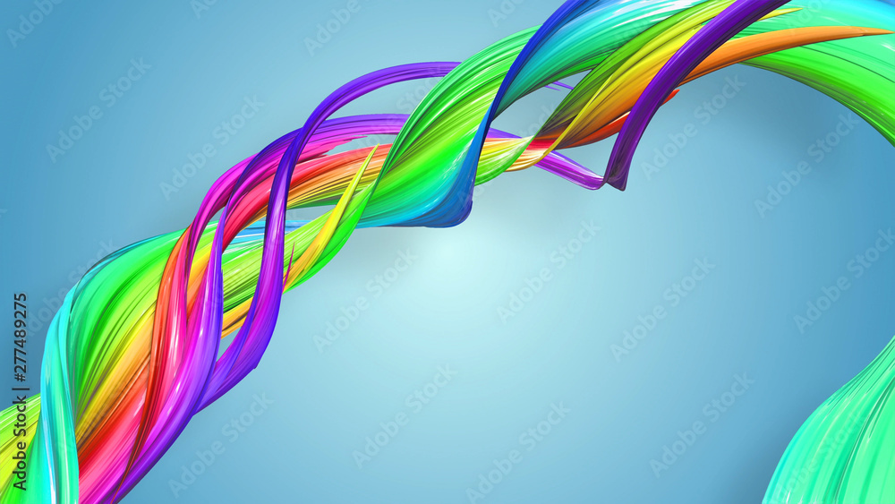 Poster beautiful multicolored ribbon glitters brightly. abstract rainbow color ribbon twisted into a circul