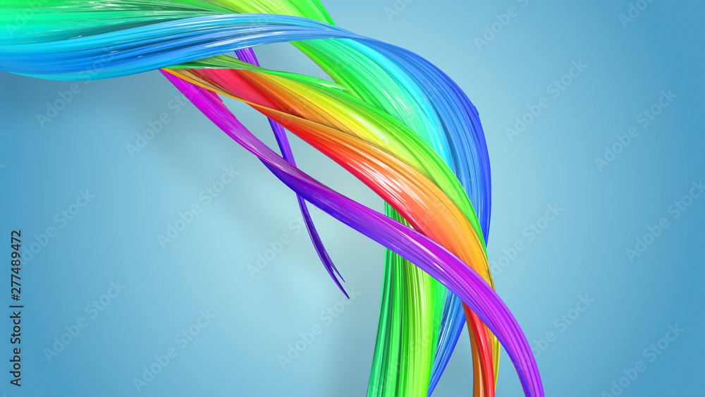 Poster beautiful multicolored ribbon glitters brightly. abstract rainbow color ribbon twisted into a circul