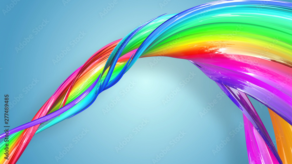 Poster beautiful multicolored ribbon glitters brightly. abstract rainbow color ribbon twisted into a circul