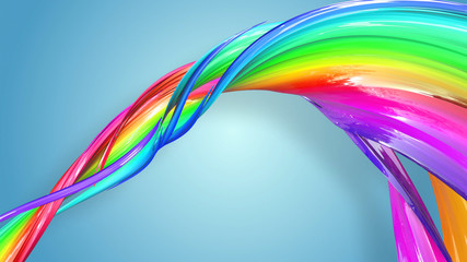 Beautiful multicolored ribbon glitters brightly. Abstract rainbow color ribbon twisted into a circular structure on a blue background. 50