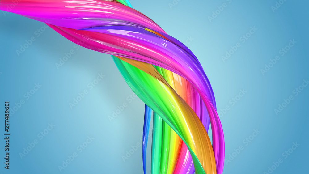 Poster beautiful multicolored ribbon glitters brightly. abstract rainbow color ribbon twisted into a circul