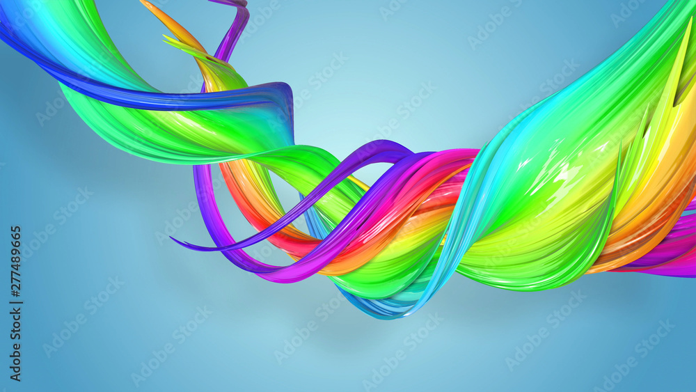 Poster beautiful multicolored ribbon glitters brightly. abstract rainbow color ribbon twisted into a circul