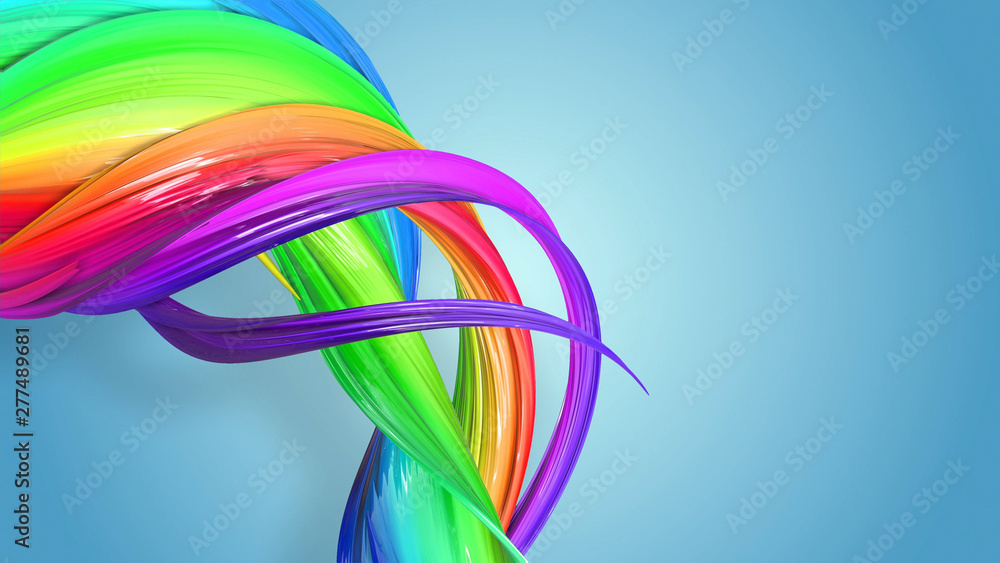 Poster beautiful multicolored ribbon glitters brightly. abstract rainbow color ribbon twisted into a circul