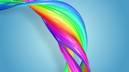 Beautiful multicolored ribbon glitters brightly. Abstract rainbow color ribbon twisted into a circular structure on a blue background. 56