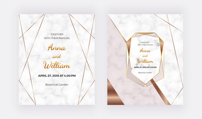 Luxury geometric cards with golden lines and triangle shapes. Trendy templates for banner, flyer, poster, greeting, wedding invitation