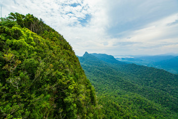 Fototapeta na wymiar Aerial view of Langkawi island forest and mountains with blue sky background