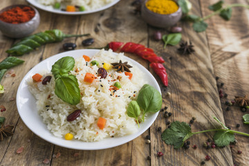 Healthy breakfast on plate with red chili pepper and parsley