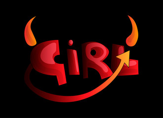 Cartoon word Girl with devil horns and tail in red and orange color. Hell devil girl concept, cute cartoon style about bad girl, evil girls. Cartoon heck girl word with horn and red tail, isolated on