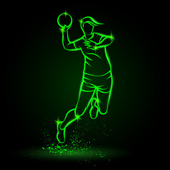 Professional volleyball player jumps and hits the ball. Vector neon volleyball girl illustration for sport banner, background and flyer.