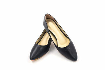 Black female high heeled leather shoes on white background.