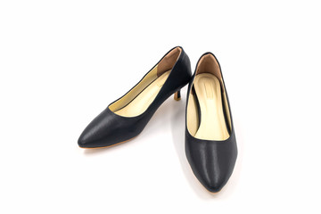 Black female high heeled leather shoes on white background.
