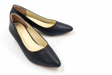 Black female high heeled leather shoes on white background.