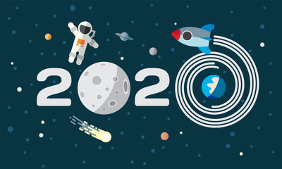 The astronaut and rocket on the moon background. Flat space theme illustration for calendar. 2019 Happy New Year cover, poster, flyer.