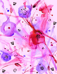 Creative watercolor background.  pattern of plants, Herbs, flowers, poppy, rose, peony. red, pink, blue flowers watercolor, stylish pattern. Abstract paint splash. Watercolor background. 